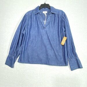 Angels Chambray Popover Blouse Women L Blue Denim V Neck Long Sleeves Collar NWT